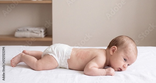 Baby lying on stomach with rash on back in neutral room setting