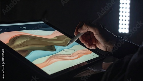 Artist drawing on a digital tablet with stylus in low light