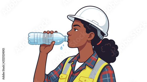 Female construction worker in hard hat and safety vest drinking water from a plastic bottle