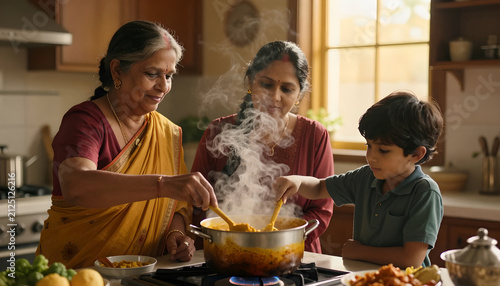 Multigenerational Family Cooking Together in Warm Kitchen: Curry Prep