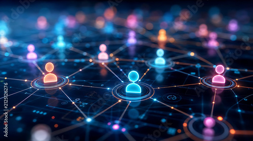 Futuristic digital social network displaying glowing connected user icons and global data nodes