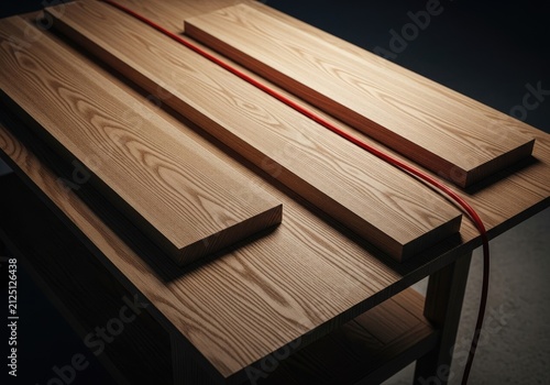 Natural Wood Planks Laid on a Table with a Red Cable.