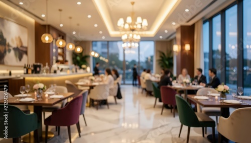 elegant luxury restaurant interior with marble flooring, colorful velvet armchairs, glowing chandeliers, and blurred guests dining at twilight.