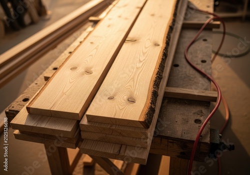Stack of Lumber on Workbench Ready for Woodworking Projects.
