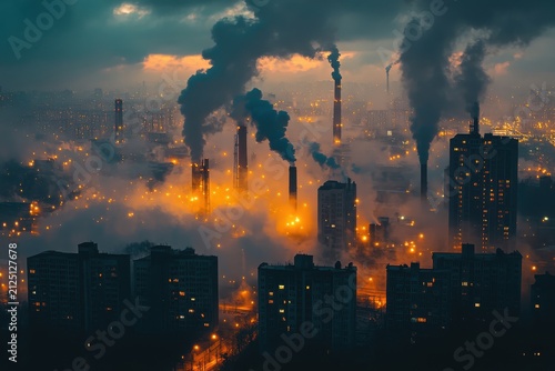 Industrial Cityscape with Thick Pollution and Moody Night Lighting