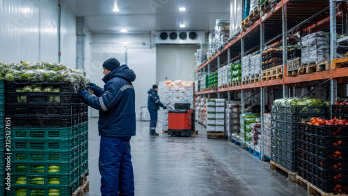 Warehouse workers in winter gear organize crates of fresh vegetables and fruits inside large industrial cold storage facility with tall metal racking systems and electric pallets