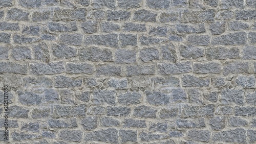 Seamless texture of an old gray stone wall constructed from irregular rough-cut fieldstones and ashlar blocks set in light-colored mortar. The weathered masonry surface features varied stone shapes.
