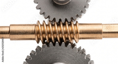 Macro of an equatorial mount worm gear. Complex machined phosphor bronze spiral thread interlocking with a steel toothed wheel. Astronomical hardware on white.