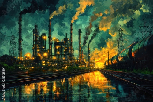 Industrial Cityscape at Night with Vibrant Emissions and Reflections