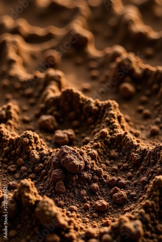 A Textured Landscape of Dark Brown Powder, Featuring Irregular Peaks and Valleys Under Warm Lighting