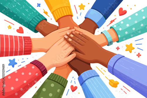 Diverse Hands Placing Together with Colorful Background of Stars and Hearts