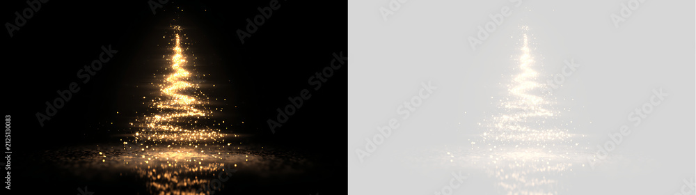 Obraz premium Sparkling golden Christmas tree made of light particles on black and transparent background. Glowing magic glitter spiral xmas tree overlay element
