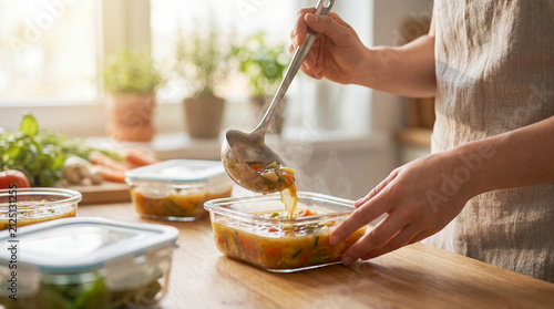 Person portioning hot vegetable soup into glass containers, showing healthy meal prep, organized cooking, weekly planning, homemade food, practical nutrition, time saving routine, Commercial