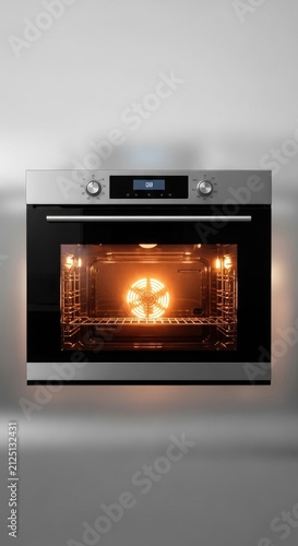Modern Stainless Steel Oven with Interior Light and Digital Display.