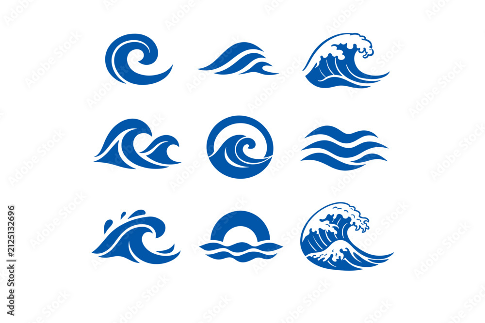 Fototapeta premium Collection of Blue Wave Illustrations Representing Various Ocean Movements and Styles