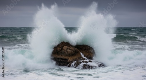 Powerful Ocean Waves Crashing Over Rock Formation During Stormy Weather.