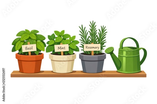 Fresh basil, mint, and rosemary herbs cultivating in pots alongside a green watering can, representing home gardening, healthy eating, and natural ingredients