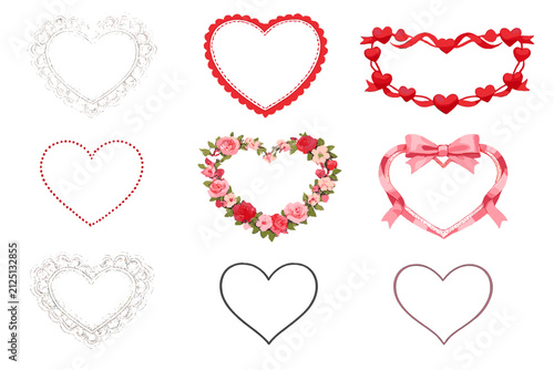 Variety of Decorative Heart Shapes in Red White and Pink with Floral Ribbons and Lace Elements
