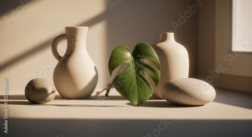 Still Life Composition - Elegant Vases, Green Leaf, and Natural Light.