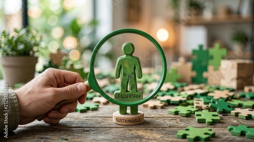 Green Leadership and Sustainability Concept with Wooden Figures