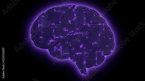 Glowing purple circuit board brain on a black background. Futuristic artificial intelligence concept representing machine learning, neural networks, and digital computing technology