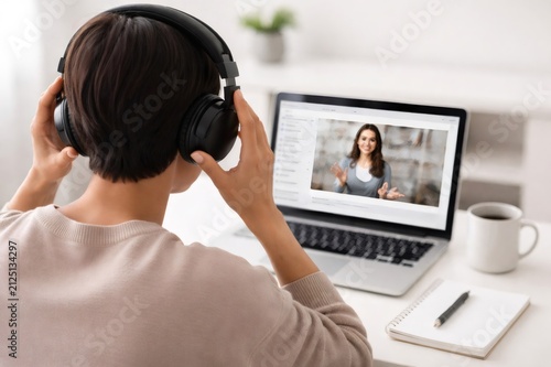 Person focused on an online educational course, attending a virtual conference or webinar at home, using a laptop and headphones for remote learning communication