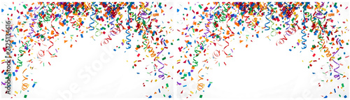 Multicolor confetti falling on white background. Celebratory streamers and sprinkles. Party decoration with space for text. Happy event concept.