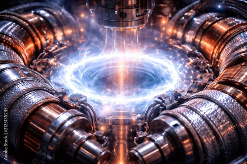 Futuristic quantum machine creating powerful blue electrical plasma energy, depicting advanced scientific research, high technology, and future innovation