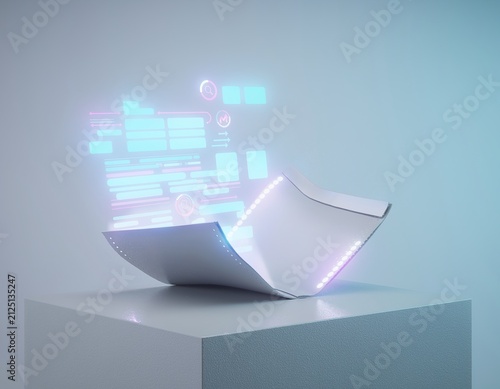 Futuristic glowing device displaying modern digital UI data on a podium evokes innovation. Ideal for hightech, virtual reality, and future display concepts, featuring nobody.