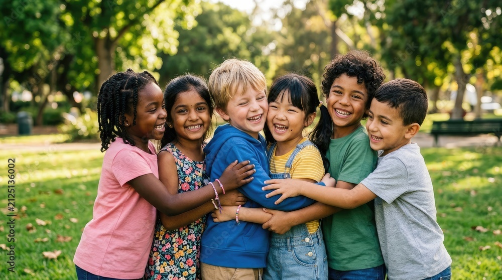 Fototapeta premium A group of diverse children are embracing each other in a park.