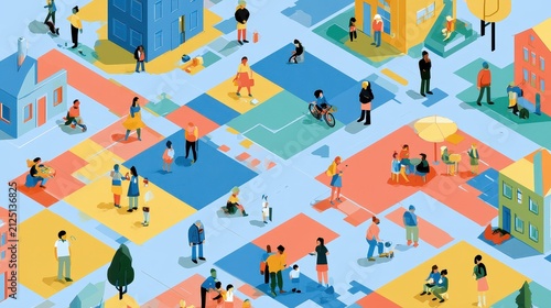 Community engagement colorful miniatures public participation civic planning stakeholder representation collaborative strategy flat design front view urban planning theme animation Complementary Color