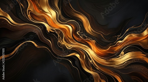 Dark, swirling patterns of gold and brown create a dynamic, abstract composition. The liquid-like forms evoke a sense of movement and luxury.