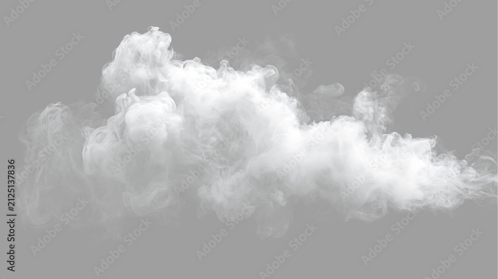 Obraz premium Dense white smoke plume isolated on transparent background. Realistic fog or steam mist texture. Graphic element for design overlay