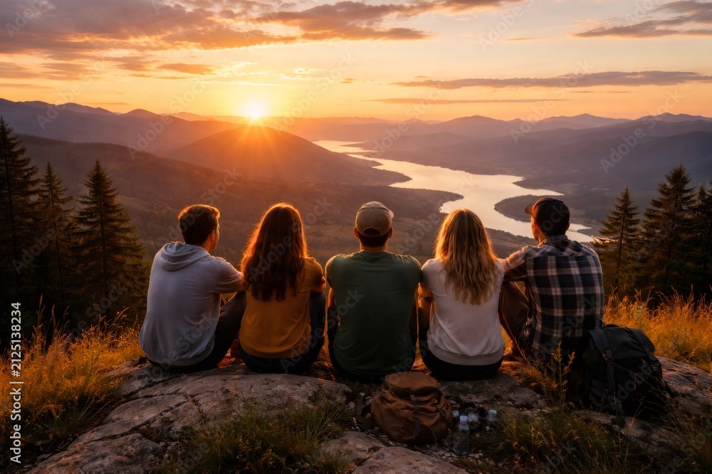 Fototapeta premium Group of young people sitting on a mountaintop, enjoying a breathtaking sunset view over a winding lake and vast mountain landscape, feeling peace and freedom