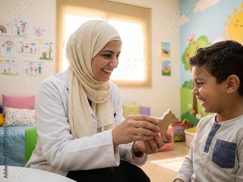Muslim Female Pediatrician Showing Wooden Toy to Smiling Young Boy