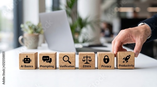 A hand places a AI-related principles like 'AI Basics', 'Prompting', 'Verification', 'Ethics', and 'Privacy' on a white desk, symbolizing responsible AI integration in business.