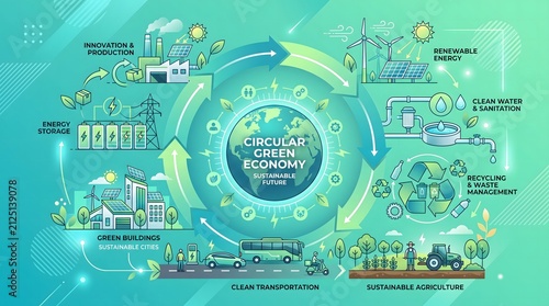 Vector infographic of sustainable development with renewable energy, green tech, eco friendly recycling, and clean transport