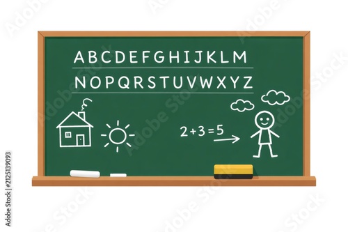 Green chalkboard presenting basic educational concepts like the ABCs. Simple arithmetic including two plus three equals five. And elementary drawings of a house. Sun. And person