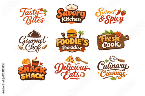 Collection of Colorful Food-Themed Logos Featuring Various Culinary Concepts