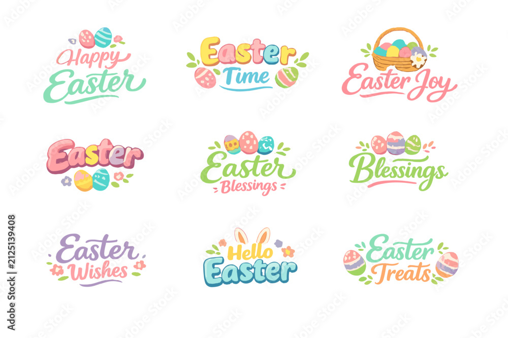Obraz premium Colorful Easter Themed Illustrations Featuring Eggs and Bunny Designs with Playful Typography