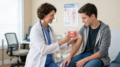 A female doctor is administering a vaccination to a teenage boy in a medical office. The doctor is wearing a white coat and blue scrubs.