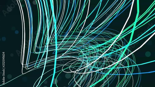Flowing turquoise and white light trails moving across a dark space with particle bokeh effects