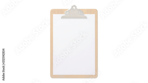 Wooden clipboard holding blank white paper isolated on a pure white background