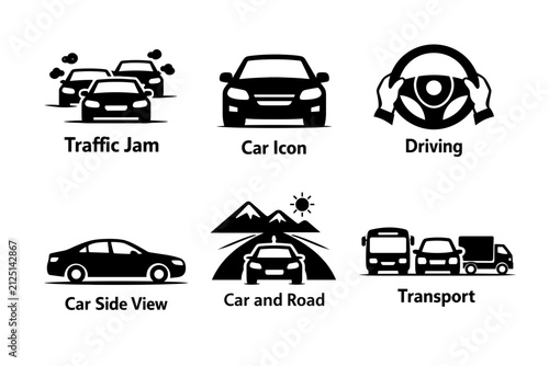 Collection of Black and White Icons Depicting Cars and Traffic Themes