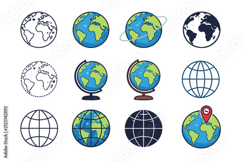 Collection of Earth Globe Icons in Various Designs Featuring Flat and 3D Styles