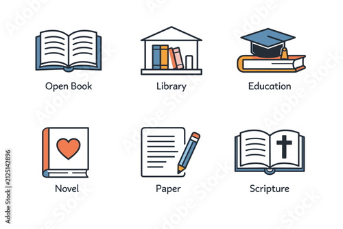 Collection of Education Icons Including Books and Library Elements on a Dark Background