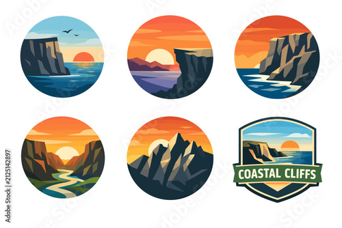 Collection of Coastal Cliff Illustrations Featuring Sunset and Scenic Ocean Views