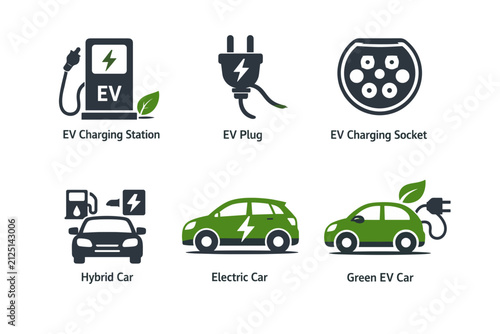 Illustration of Electric Vehicle Charging Options with Detailed Icons in Green and Black