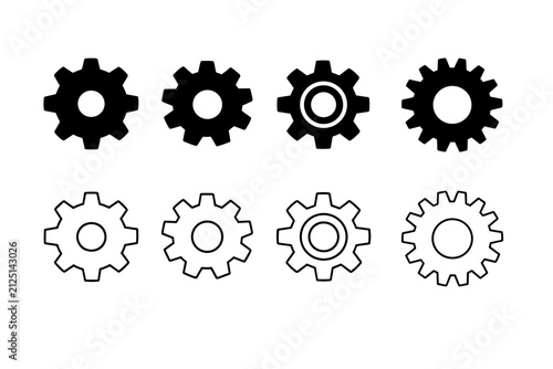 Set of Eight Geometric Gears in Various Designs and Styles on a Clean White Background