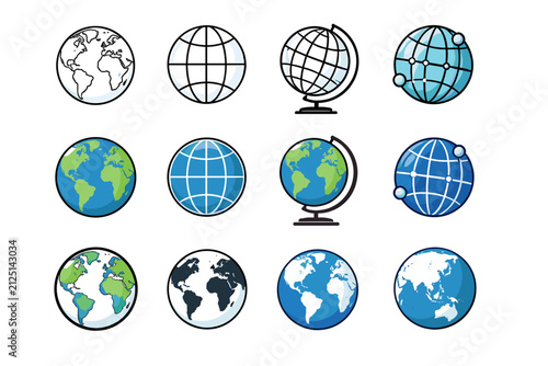 Set of Diverse Earth Globes and Maps on a Black Background Including Different Styles and Colors